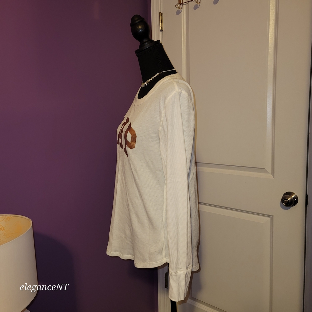 GAP Cream Long Sleeve Thermal Style Shirt with Gold Logo Sz: L - Picture 2 of 7